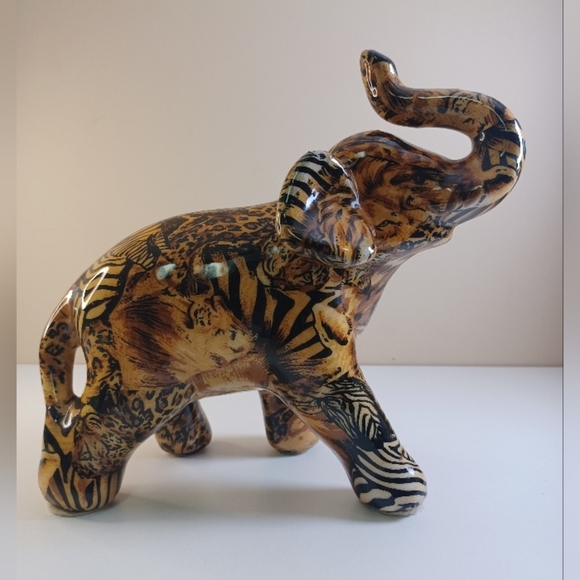 La Vie Vintage Ceramic Glazed Animal Print Patchwork Elephant Figurine - Picture 1 of 10